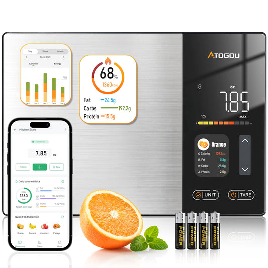 Atogou Smart Food Kitchen Scale with Nutrition Calculator, Color Display & Free App, Precise Portion Control, Calorie & Macro Tracking for Weight Loss & Meal Prep Grey
