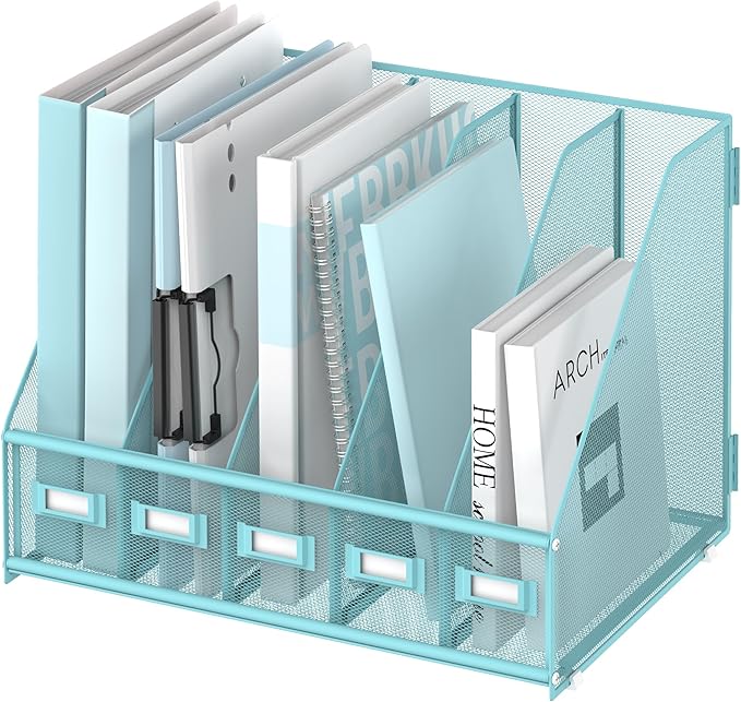 SUPEASY Desk Organizers Metal Desk Magazine File Holder with 5 Vertical Compartments Rack File Organizer for Office Desktop, Home Workspace, Blue