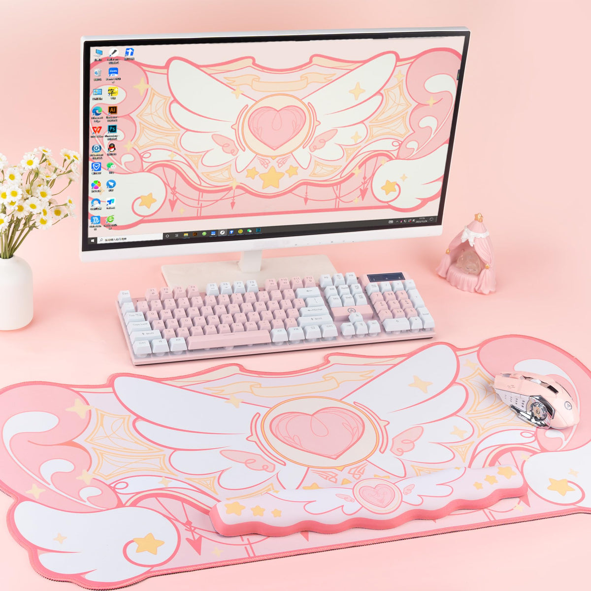 GeekShare Kawaii Mouse Pad Wrist Rest Support Set - Non-Slip Rubber Base Desk Mat and Memory Foam Wrist Rest for Keyboard and Mouse,Perfect for Gaming,or Home Office Work - Star Wings Series