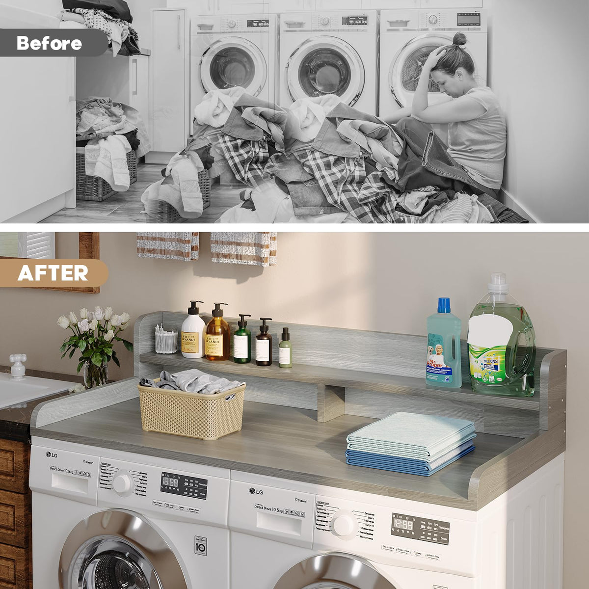 Corbyles 2-Tier Washer Dryer Countertop with 2.75" H Edge Rails, 58" W x 28" D Laundry Countertop for Folding Clothes, Washer and Dryer Topper with Non-Slip Pad (Stripe Gray)