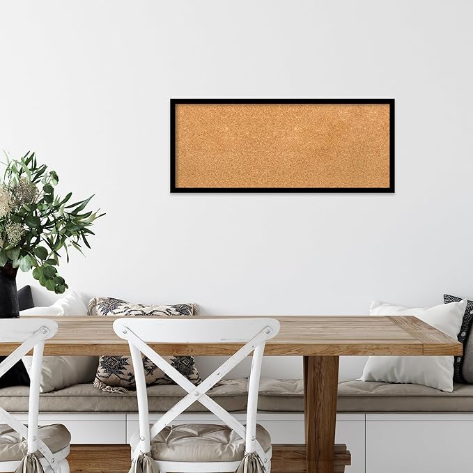Amanti Art Natural Cork Board for Wall, 13x31 Vision Board with Black Wood Frame, Medium Corkboard Office Decor for Home Organization, Modern Contemporary Corkboard Pinboard to display items for home
