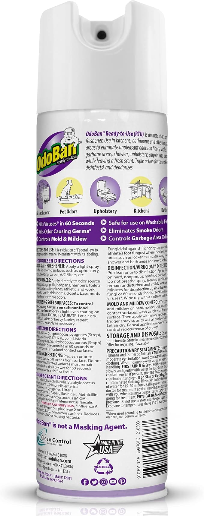 OdoBan Ready-to-Use Disinfectant and Harsh Aroma Eliminator, Set of 2, 14.6 Ounce 360-Degree Continuous Spray Fabric/Air Freshener and 1 Gallon Multi-Purpose Cleaning Concentrate, Lavender Scent