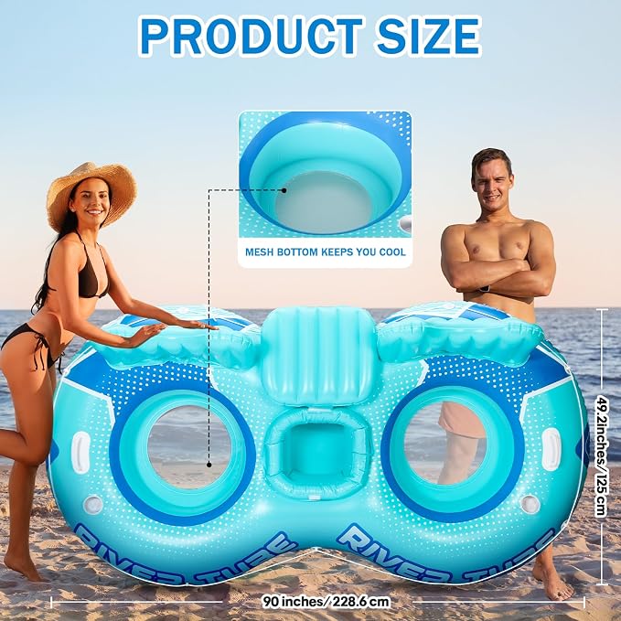 Pcs Inflatable River Tube Float, 2 Person Heavy Duty Pool Float with Built in Cooler, Ergonomic Backrest and Cup Holders for Adults, Lake Water Tubes for Floating Summer Relaxation