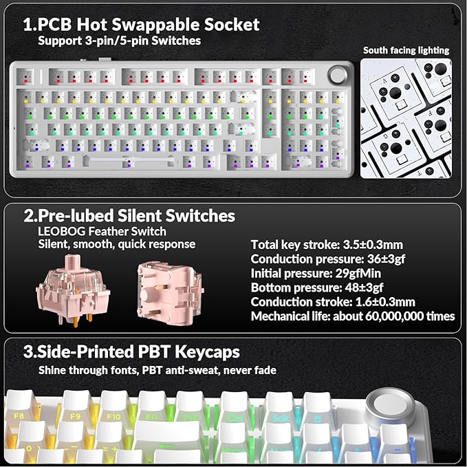 AULA F99 Pro Wireless Mechanical Keyboard-Silent Version,BT5.0/2.4GHz/USB-C Hot Swappable Custom Keyboard,Gasket Structure,Pre-lubed Linear Switches RGB Backlit Computer Gaming Keyboards,White