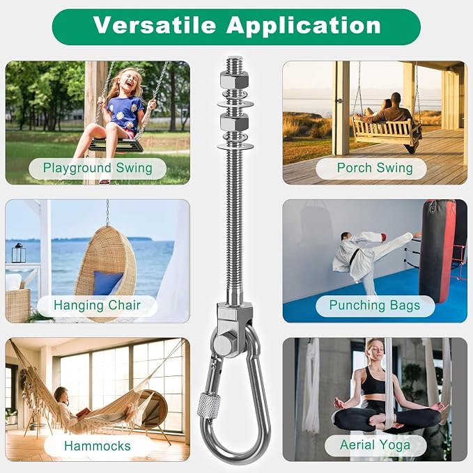 SELEWARE 4Pcs Heavy Duty Swing Hangers, 1500LB Capacity Stainless Steel Swing Set Hooks for Wood/Steel Beam, 7" x M2/5" Porch Swing Hardware for Playground Swing Hammock Chair Yoga Swing Punching Bag