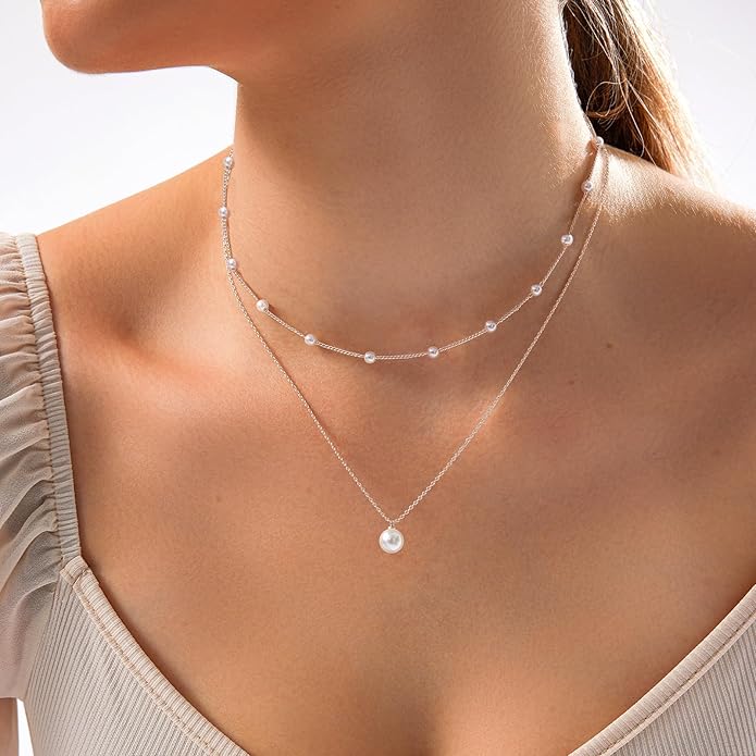 Zeffy Gold Pearl Necklace for Women, Dainty 14K Gold/Silve Plated Layered Pearl Choker Pearl Earrings Pearl Bracelets Wedding Trendy Gold Jewelry Set for Women Gifts