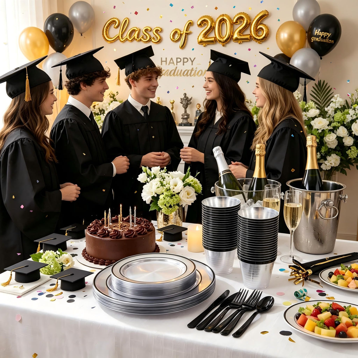 I00000 350 Pcs Black Plastic Dinnerware Set for 50 Guests Include: 50 Dinner Plates, 50 Dessert Plates, 50 Pre Rolled Napkins with Cutlery Set, 50 Cups for Birthday, Wedding Party Graduation