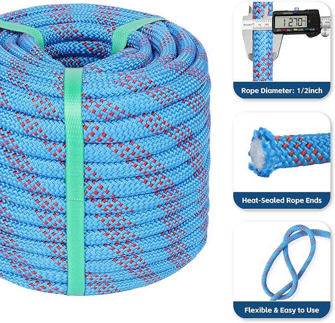 Arborist Climbing Rope (1/2in X 50ft) 48 Strands Polyester for Tree Work Climbing Pulling Swing Sailing