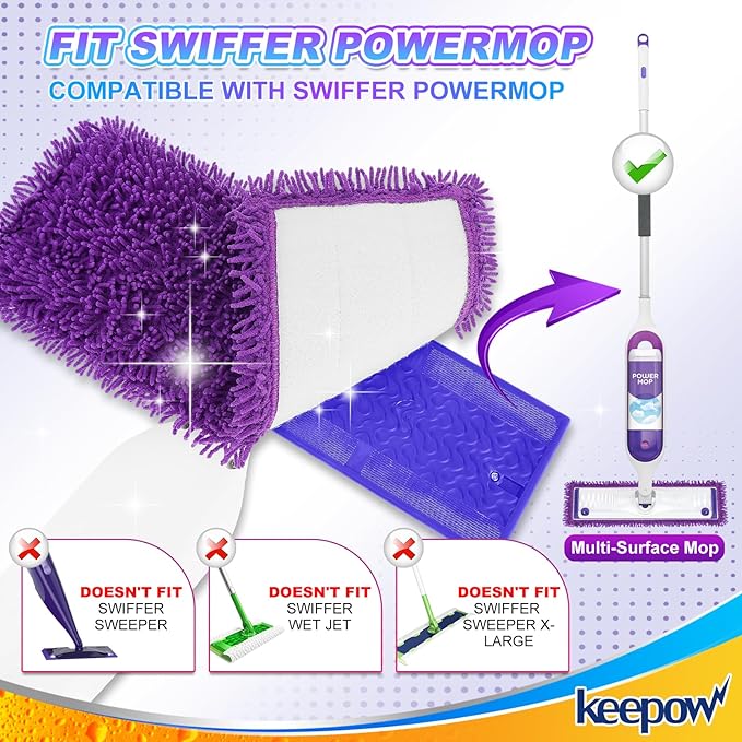 KEEPOW Reusable Microfiber Mop Pads Compatible with Swiffer PowerMop 4 Pack, Power Mop Pads Refills for 13 ''-15 '' Spray Mop, Machine Washable Pad Replacement for Multi-Surface Floor Cleaning