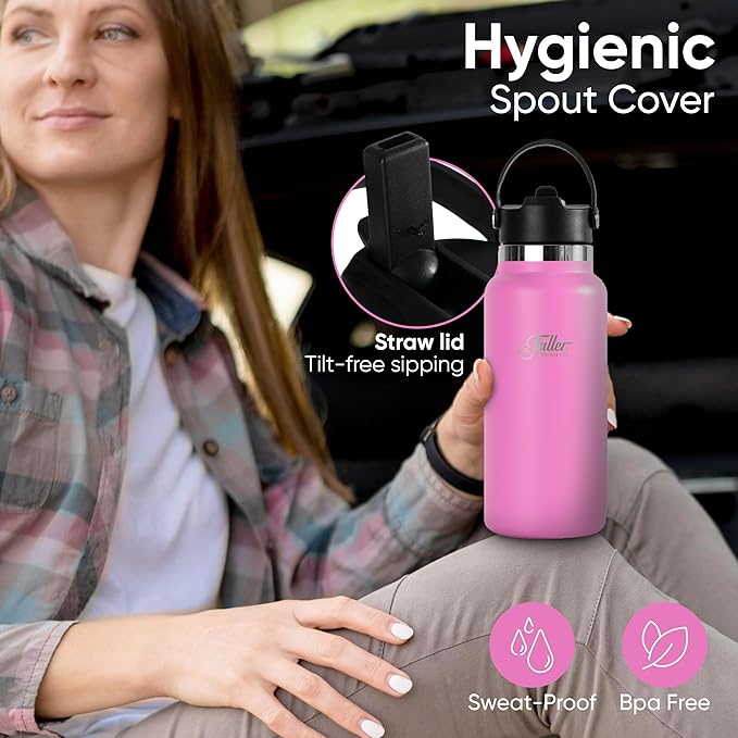 Fuller Stainless Steel Water Bottle with Straw Lid – BPA-Free, Sweat-Proof, Leak-Proof Travel Mug – Double Wall Insulated for Hot & Cold Drinks – Carry Handle (Bright Pink, 32 Oz.)