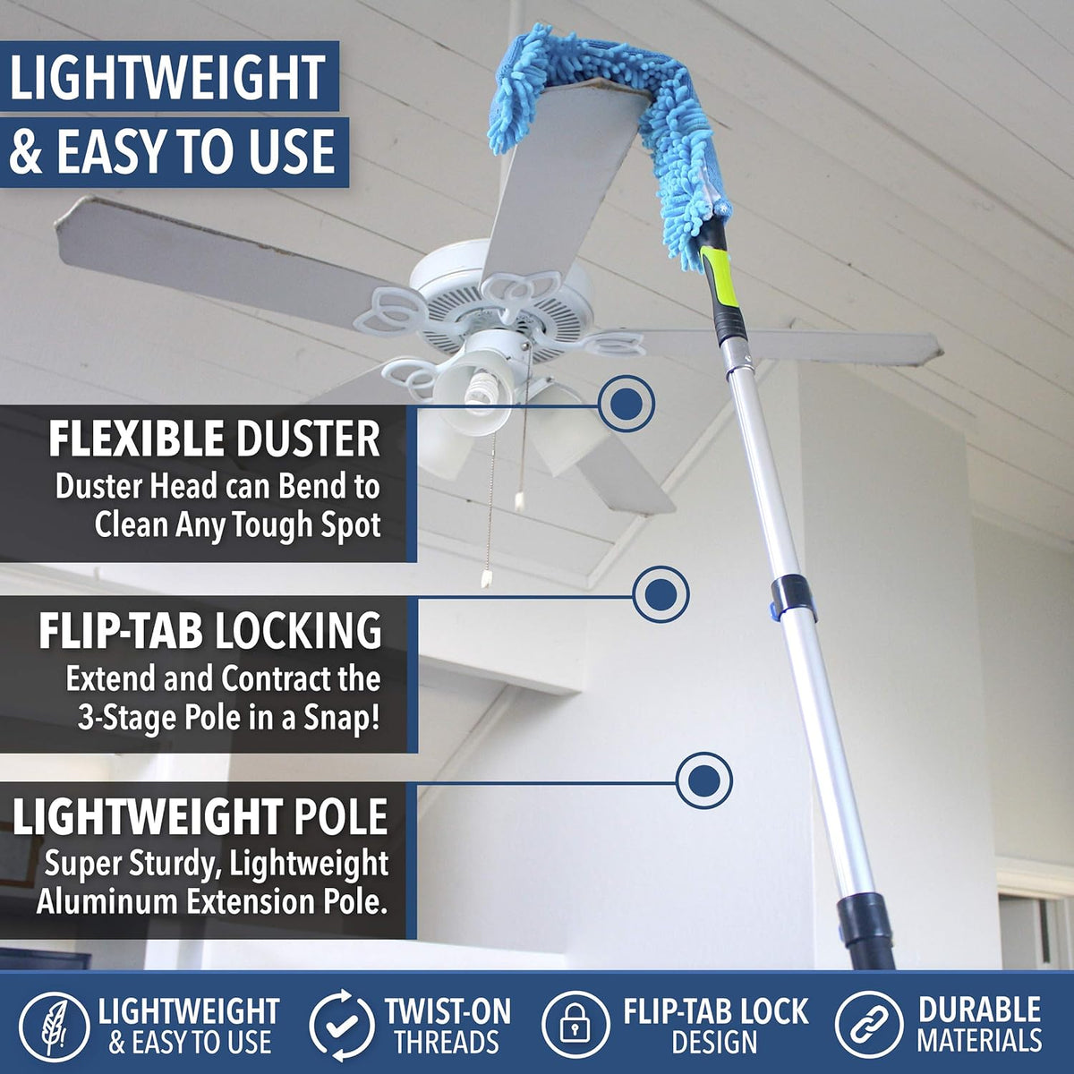 EVERSPROUT 20+ Foot High Reach Flexible Microfiber Ceiling & Fan Duster | Bendable to Clean Any Fan Blade | Removable & Washable Brush Head |5-to-12 Foot 3-Stage Lightweight Aluminum Extension Pole