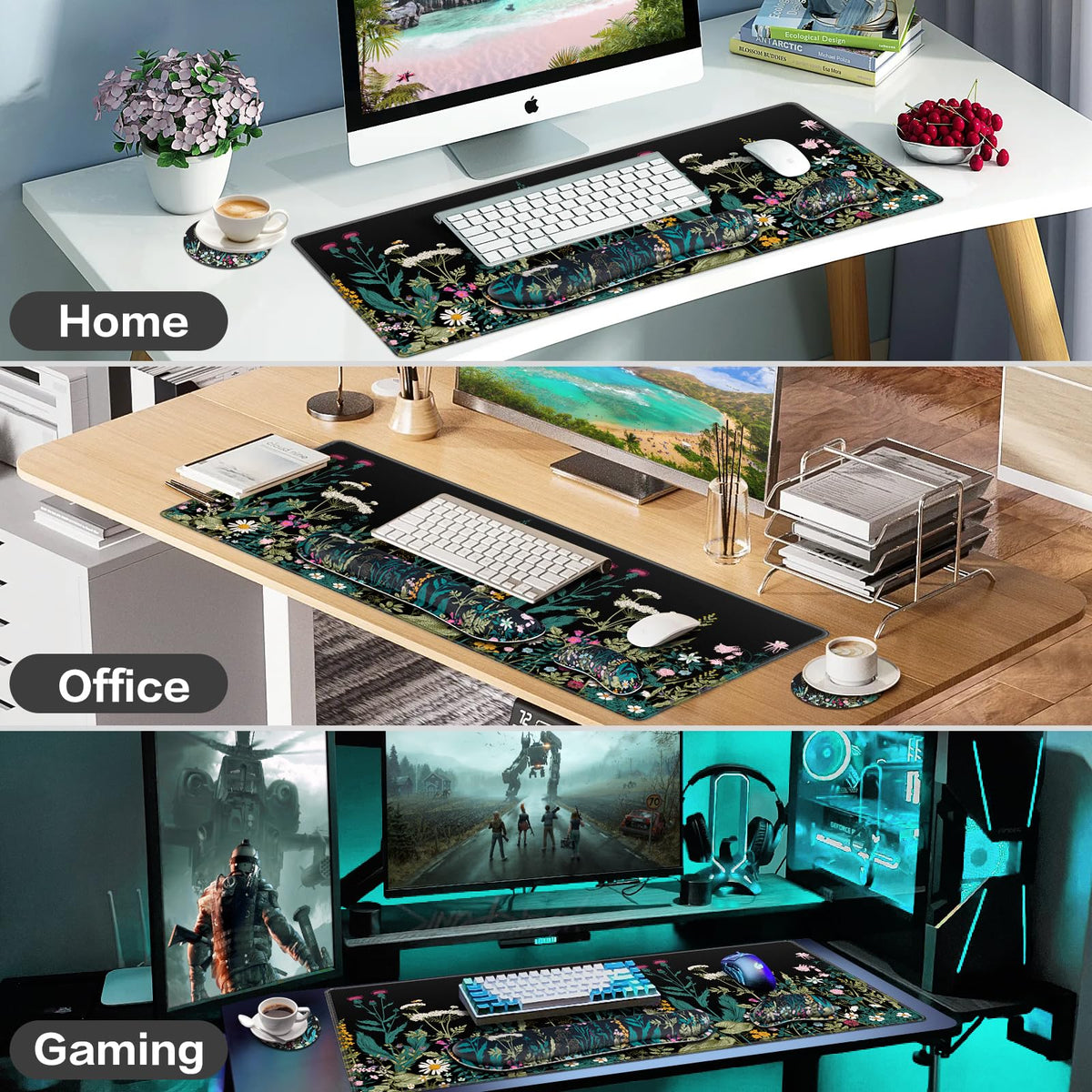 Desk Mat, Large Gaming Mouse Pad with Wrist Rest, 4in1 XXL Mousepad+Keyboard Wrist Rest+Mouse Pad Wrist Support+Cup Coaster Set Ergonomic Floral Computer Desk Arm Wrist for Decor Home Office Women
