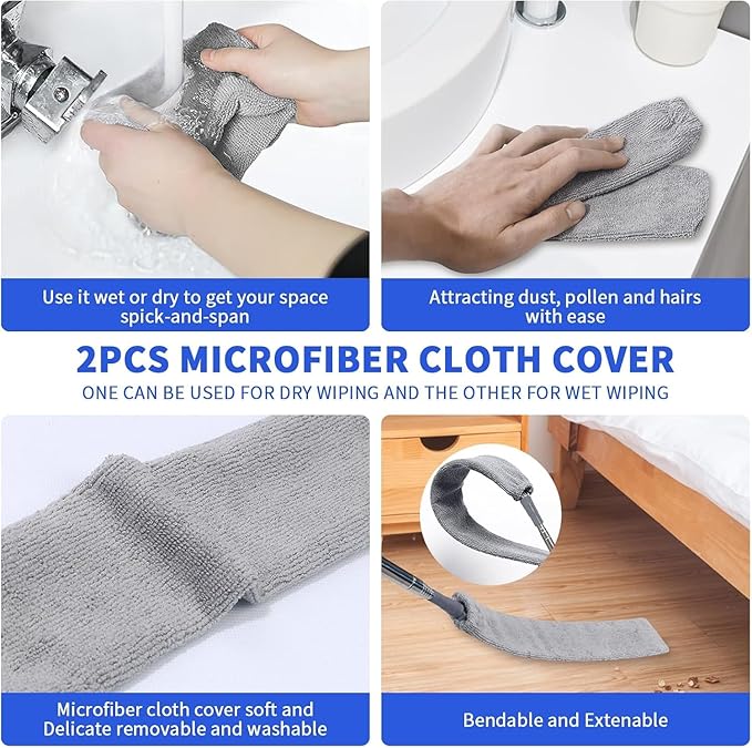 Retractable Gap Dust Cleaner, 4 Microfiber Dusting Cloths Long, Ceiling Fan Cleaner Duster with Stainless Steel Handle Washable Cleaning Tools, Extendable Duster, High Ceiling, Blinds