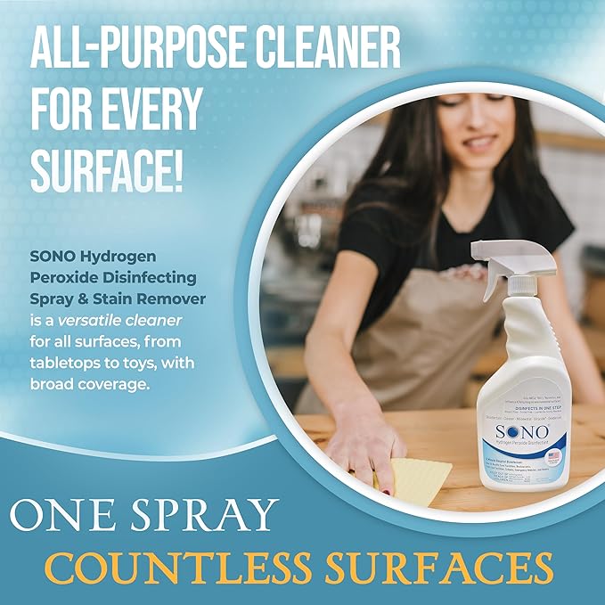 SONO Disinfecting Spray and Stain Remover - Hydrogen Peroxide Solution | Multi-Surface Cleaner for Kitchen and Bathroom | Spring Season Travel Essential | 3 Pack of 32 fl oz Bottle
