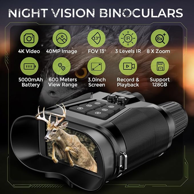 Night Vision Goggles, 4K Night Vision Binoculars for Adults with 5000mAh Battery, 3" HD Screen & 32GB Card for Hunting, Wildlife Observation, Security