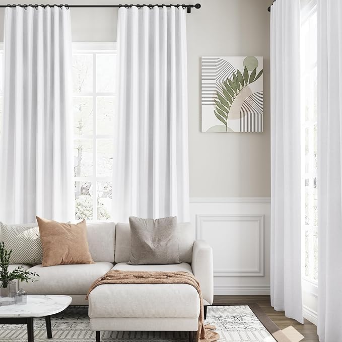 Full Black Out White Window Curtains, 102 Inches Long 2 Panels Set for Living Room Cotton Textured Long Blackout Curtains With Backing Thermal Insulated Drapes for Winter Nursery Bedroom Pure White