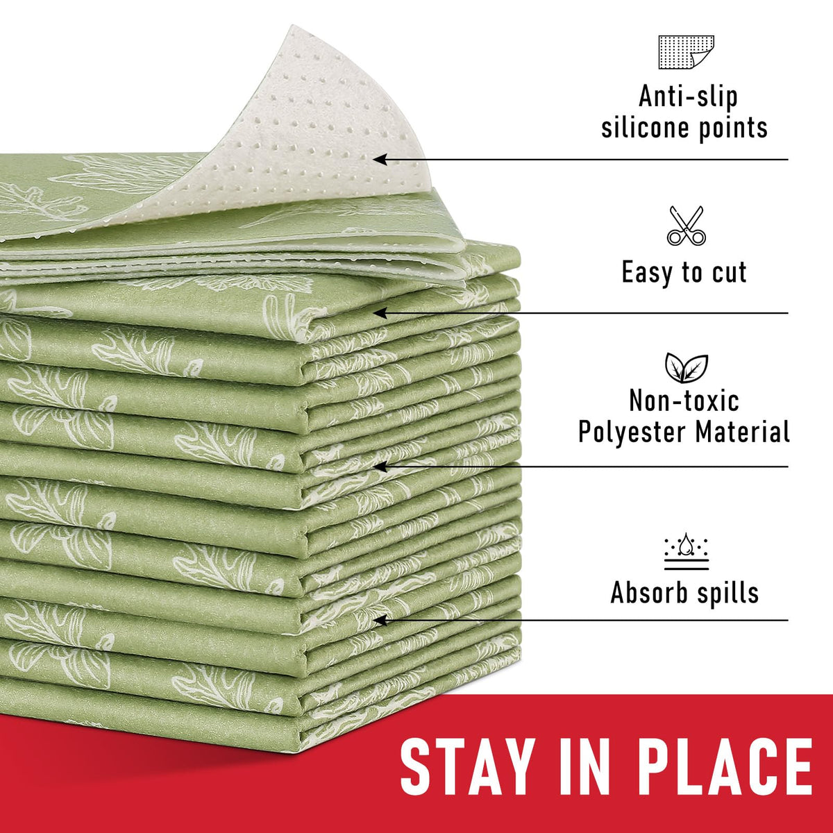 Cooyes Drawer & Shelf Liner for Kitchen Cabinets, Breathable Cloth Material, Machine Washable, Refrigerator Liners with Non-Slip Particles, Keep Produce Fresh Longer, 12 Pack, 12" * 24", Sage Green