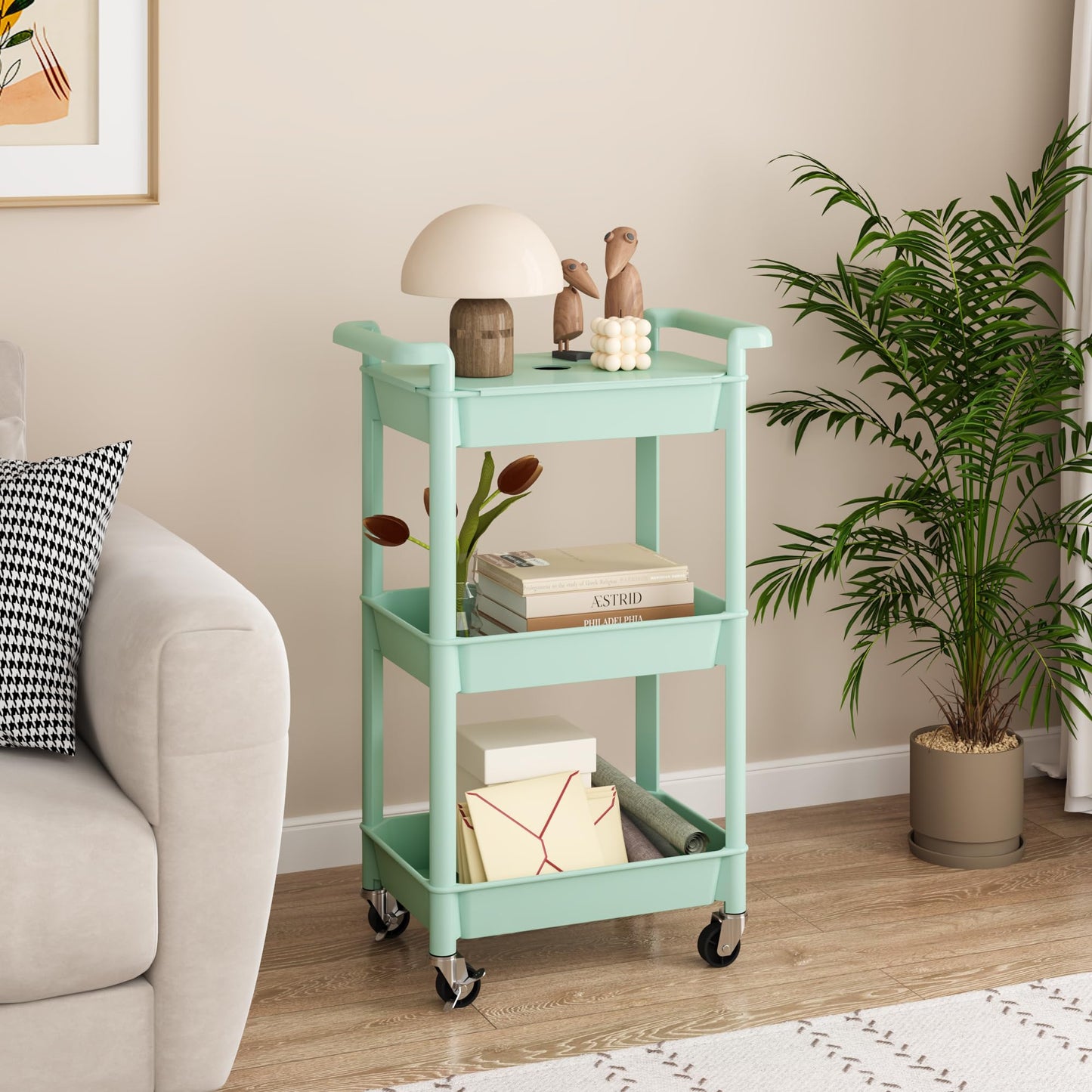 MIOCASA 3-Tier Utility Rolling Cart with Cover Top Board, Kitchen Storage Organization, Art Cart with Wheels for Office, Classroom, Livingroom, Kitchen, Bathroom, Green, Plastic