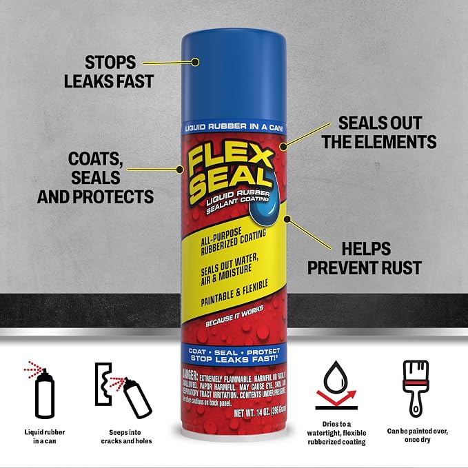 Flex Seal, 14 oz, Blue, Stop Leaks Instantly, Waterproof Rubber Spray On Sealant Coating, Perfect for Gutters, Wood, RV, Campers, Roof Repair, Skylights, Windows, and More