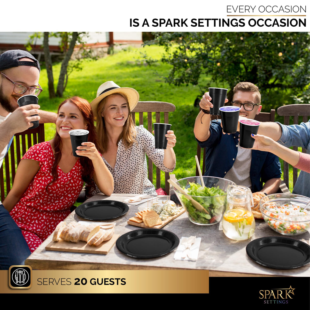 Black Party Supplies Set Paper Plates Plastic Cups Forks Knives Spoons Napkins Tablecloth Serves 20 Guests Disposable Dinnerware Set of 222 Pieces, Complete Tableware for Party - By SparkSettings