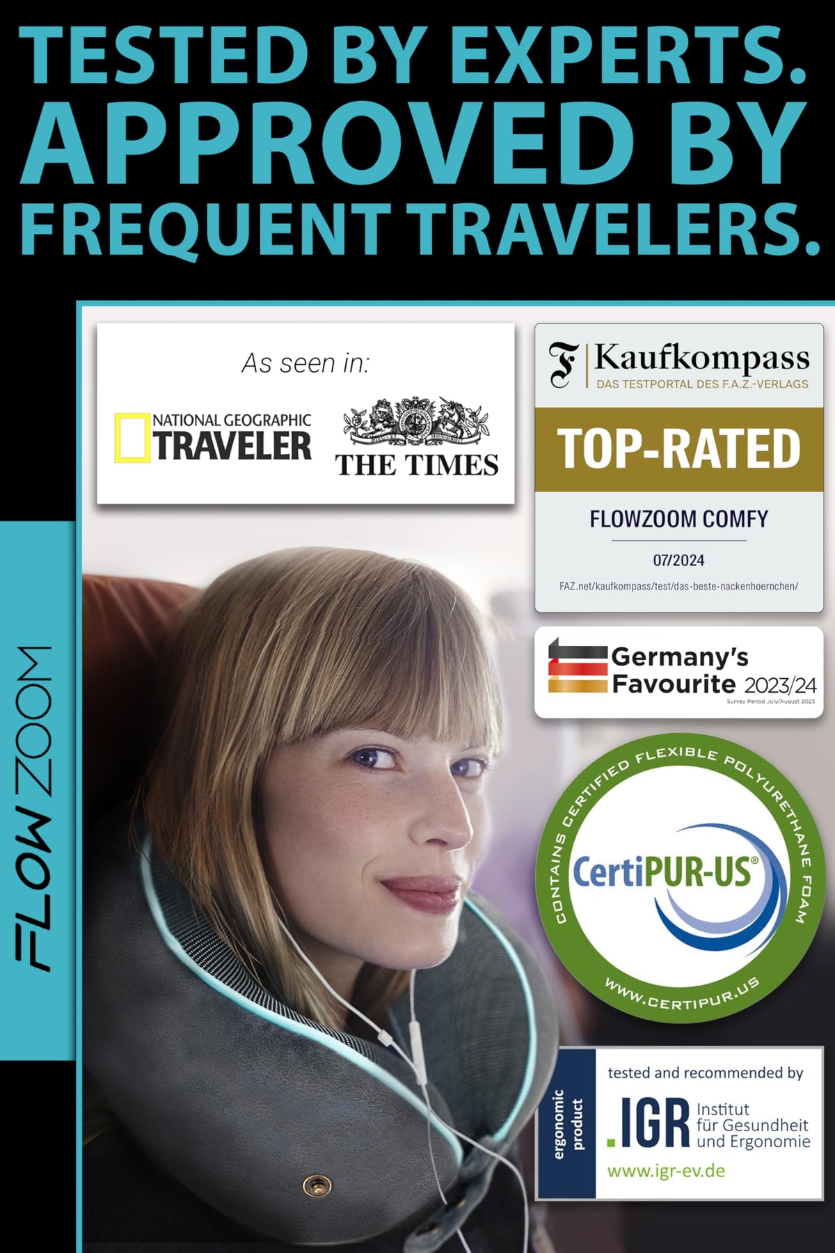 FLOWZOOM Memory Foam Travel Pillow for Airplanes & Car Rides – Adjustable Airplane Pillow with 360° Chin and Neck Support for Comfy Naps, Extra-Soft Washable Neck Pillow Cover, Squeezy Mesh Bag – Grey