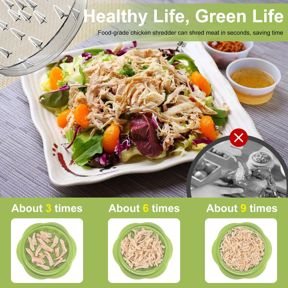 SURETIVIAN Chicken Shredder Tool Twist Large Chicken Breast Shredder with Brush&Fork, Visible Meat Shredder Machine, Anti-Slip Strip, Ergonomic Handle, BPA Free, Suitable for Pork Beef Chicken(Matcha)
