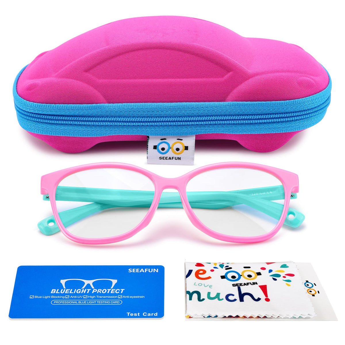 SEEAFUN Blue Light Glasses for Kids Girls Boys with Cute Car Case, UV400 Protection, Anti Blue Ray Age3-12