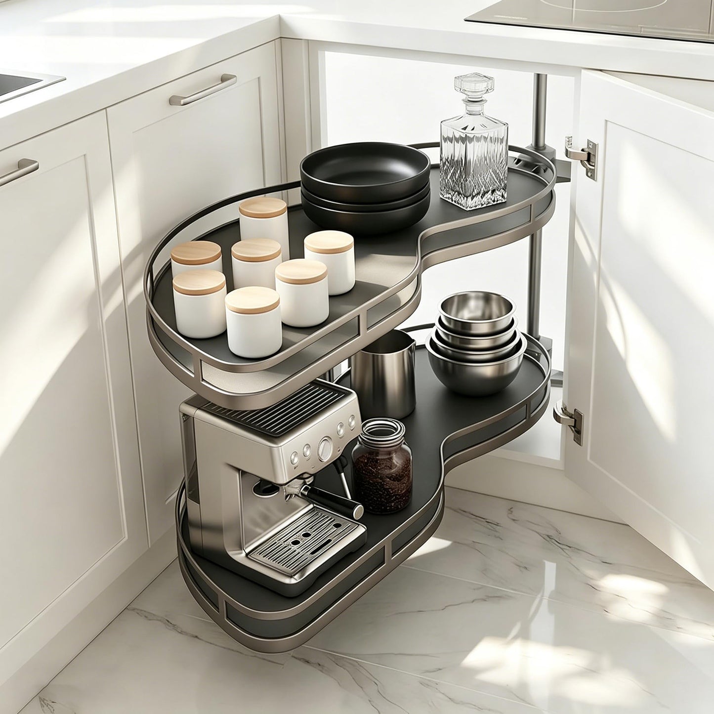 Blind Corner Cabinet Pull Out Organizer 12 14 16 18 Inch, 2 Tier Kitchen Cabinet Organizer, Heavy Duty Adjustable Lazy Susan Shelf with Soft Close, Left or Right Mount for Blind Corner Cabinets