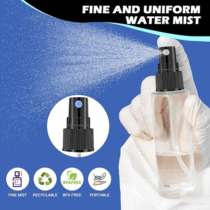 10 Pack 2oz/55ml Plastic Spray Bottles Travel Size Spray Bottle with Black Cap Empty Fine Mist Spray Bottles Refillable Liquid Container for Perfumes Travel Makeup