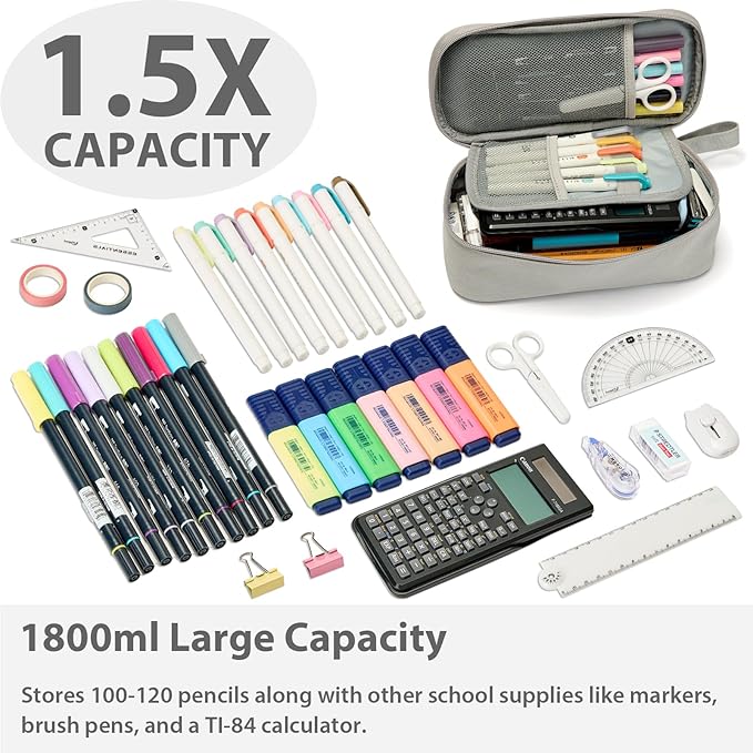 Pencil Case Pouch Box Bag School Supplies Girls Boys Kids, Cute Preppy Stuff Large Big Capacity Aesthetic Pen Organizer, Back to College Stationary, Gray, Classic Stlye, 1800ml