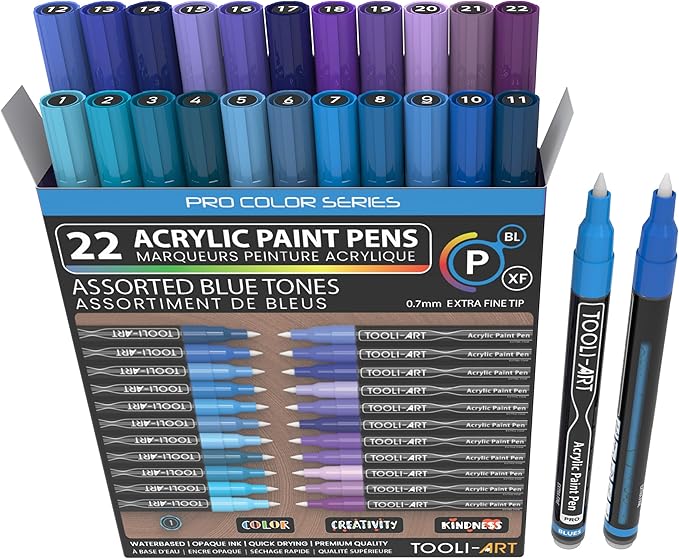 Acrylic Paint Pens 22 Blue & Purple Tones Assorted Pro Color Series Markers Set 0.7mm Extra Fine Tip for Rock Painting, Glass, Mugs, Wood, Metal, Canvas, Projects, Non Toxic, Waterbased, Quick Drying