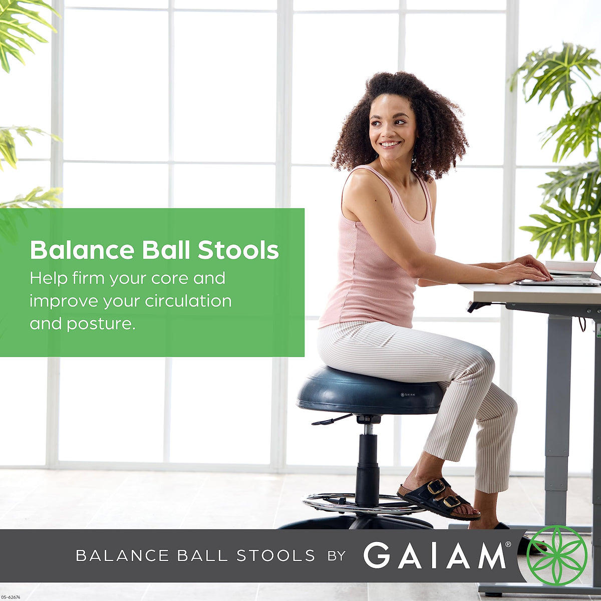 Gaiam Balance Ball Chair Stool, Half-Dome Stability Ball Adjustable Tall Office Sit Stand Swivel Desk Chair Drafting Stool with Round Foot Rest for Standing Desks Home or Office - Black 33