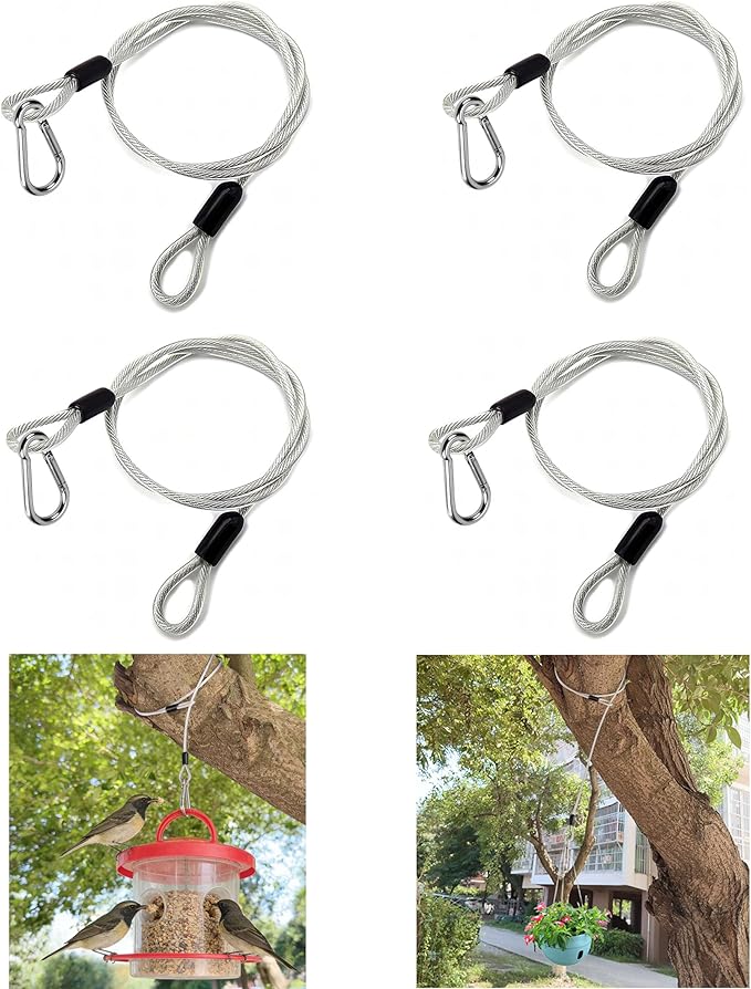 4 Pcs 20 Inch Premium Metal Planter Hangers，Bird Feeder Cable for Tree with Carabiner Clip，Bird House Hanging Hook and Chain Wire for Bird Feeders and Birdhouses，Baths，Baskets，Suet，Outdoor Camping