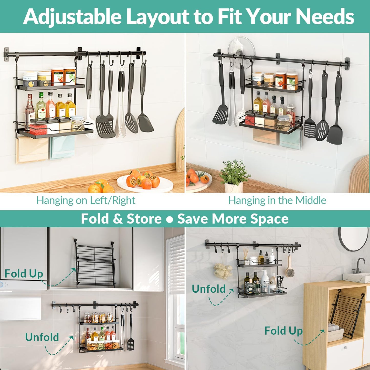 NADAMOO Spice Rack Wall Mount, 2-Tier Storage Shelf with Towel Bar, Utensil Hanger with Hooks for Kitchen, Bathroom, Pantry, Laundry, Matte Black Heavy Duty Metal Organizer