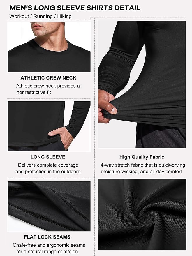 Men's 1, 3 or 5 Pack Performance Long Sleeve T-Shirts, UPF 50+ Sun Protection Shirts, Athletic Gym Workout Shirts for Running