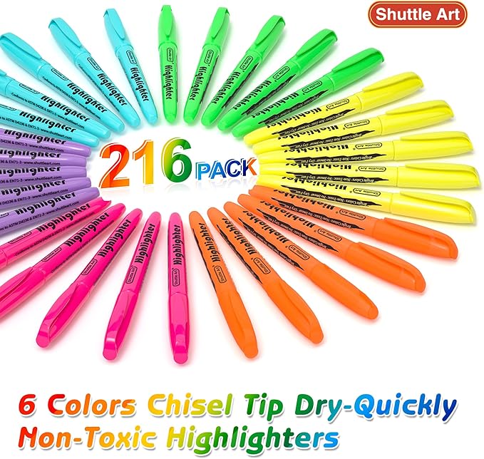 Shuttle Art 216 Pack Highlighters, Highlighters Assorted Colors Set, 6 Bright Colors Chisel Tip Dry-Quickly Non-Toxic Highlighter Markers Bulk for Adults Kids Highlighting in Home School Office