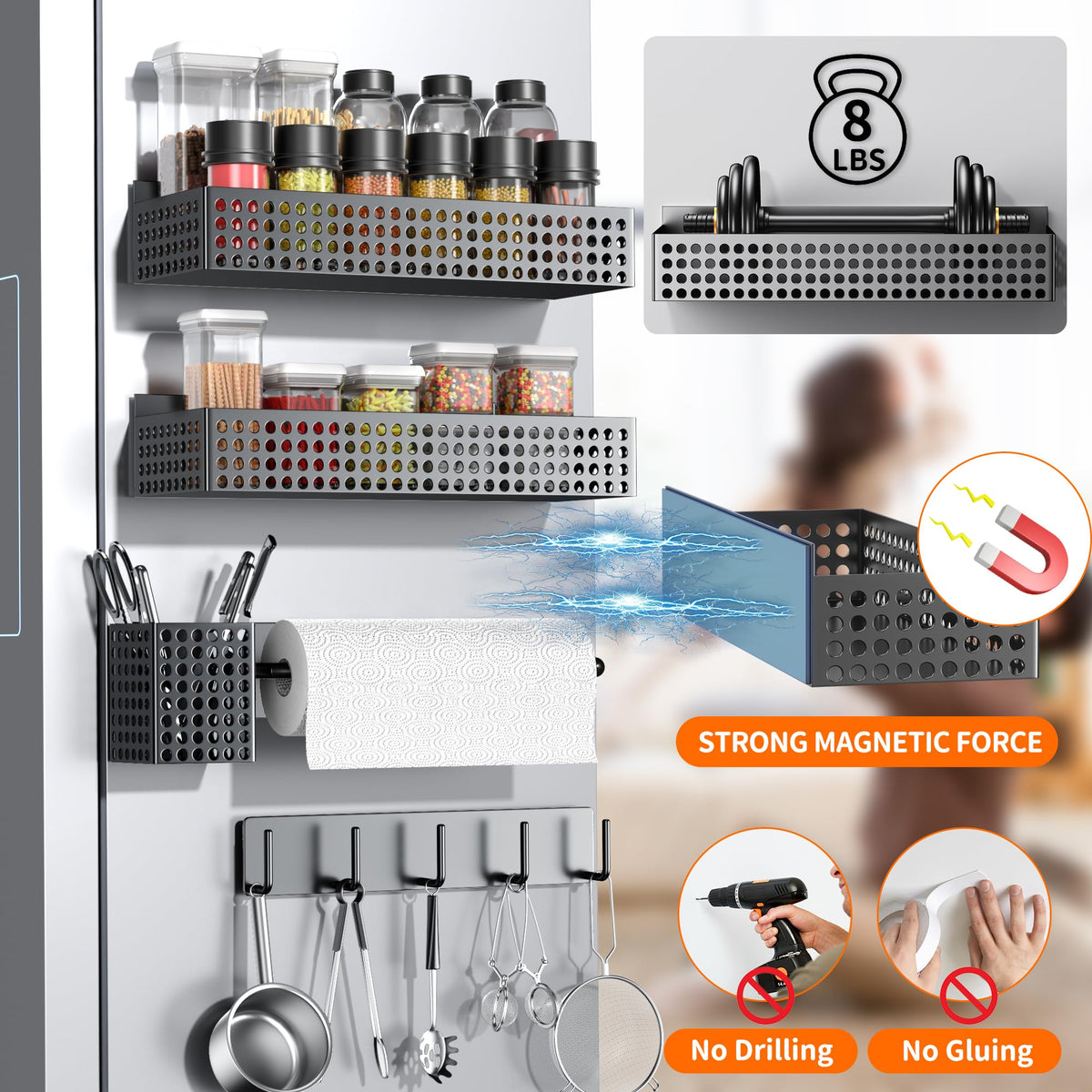 Toosci Magnetic Spice Rack for Refrigerator 2 Tiers and Paper Towel Holder and Utensil Holder, Magnetic Refrigerator Organizer, Strong Magnetic Fridge Shelf, Side Fridge Storage Rack for Kitchen