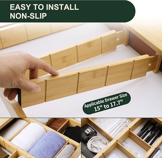 Utoplike 4 PCS Bamboo Kitchen Drawer Dividers with Inserts(Fits 15"-17.7" Drawer Inner Size), Adjustable Drawer Organizers for Socks, Spring Loaded, for Bedroom, Dresser, Bathroom