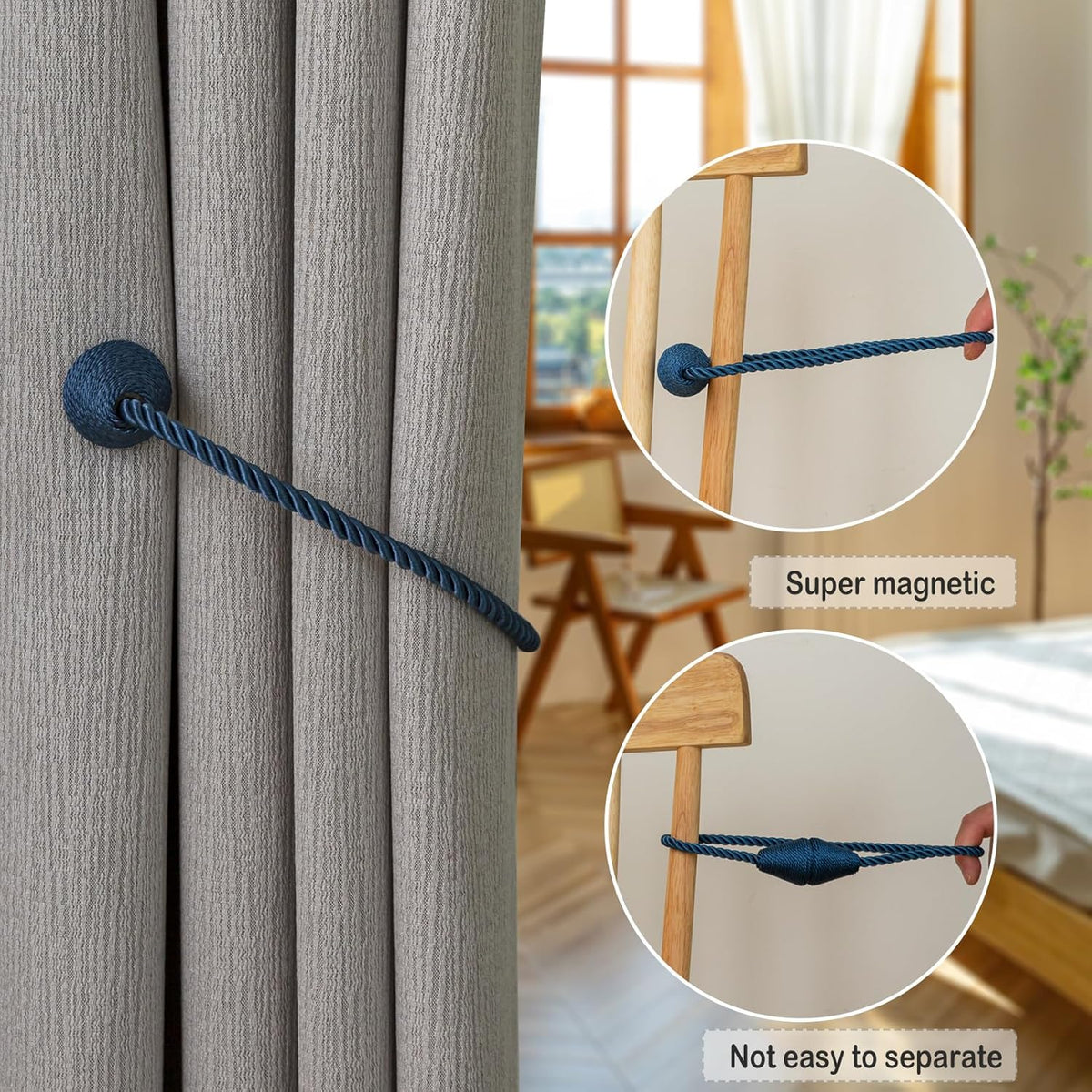 Magnetic Curtain Tiebacks 8 Pack Outdoor Rope Curtain Tie Backs Decorative Window Treatment Holdbacks for Home Decorative Curtain, Blue