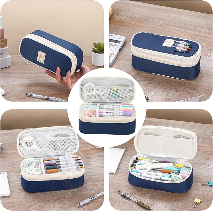 Pencil Case for Boys Kids Teens Adults Big Pencil Bag with Zipper Big Pen Pouch Large Stationery Pen Case Organizer for School Blue