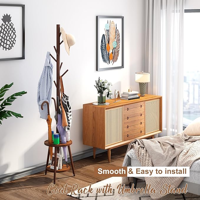 FILWH Freestanding Coat Rack with Umbrella Organizer Tray Bamboo Coat Tree Rack with 8 Hook Stand for Clothes Bag Hats Entryway Hanger Stand(Brown)