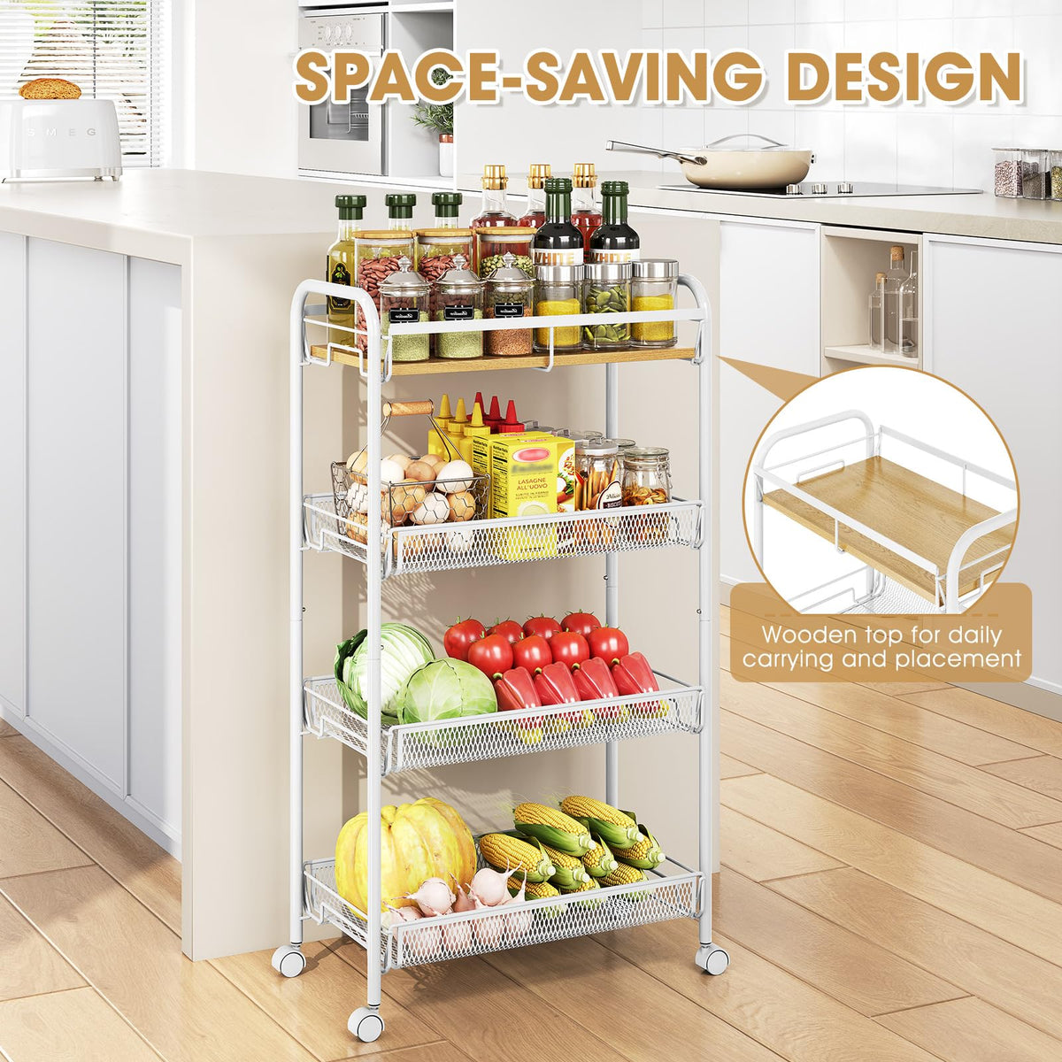TOOLF 4-Tier Rolling Cart, Metal Utility Cart, Slide Out Storage Cart with Wooden Tabletop and Mesh Baskets, Easy Assemble Trolley for Kitchen Bathroom Laundry Room Bedroom Apartments Dormitory