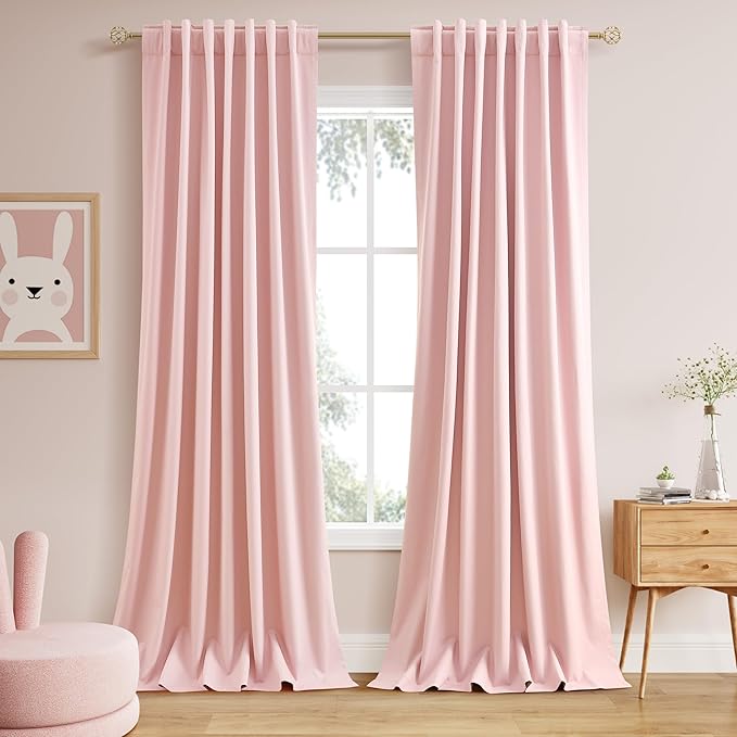Pink Linen Curtains 90 inch Length 2 Panels Set for Bedroom Thermal Insulated 100% Blackout Linen Drapes Back Tab Neutral Rustic Modern Farmhouse Room Darkening Curtain 52x90