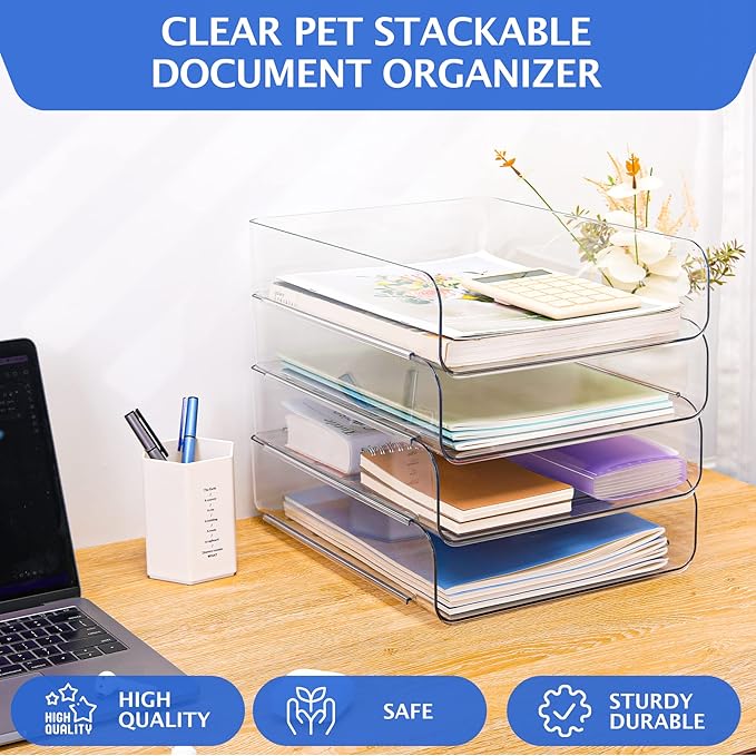 Set of 4 Office Organization and Storage, Clear PET Letter Tray Desk Organizer, Stackable Document and File Paper Organizer for Office Supplies