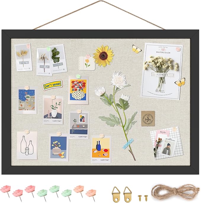 Cork Board Bulletin Board 16.7" x 11", Small Linen Corkboards with Frame for Walls, Cute Picture Display Pin Board Vision Board for Room School Office Bedroom 8 Pushpins Vintage Black