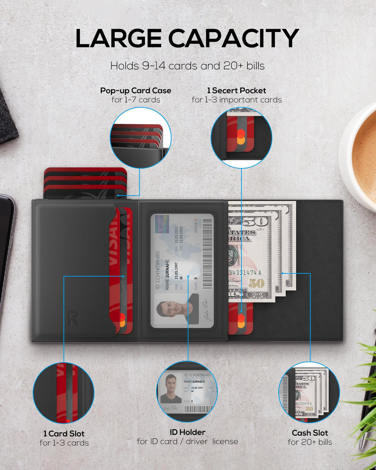Mens Wallet Card Holder - Smart Wallet for Men, Pop Up Card Case, Top Grain Leather, RFID Blocking, Slim, Minimalist, Ultra Thin, Front Pocket, 9-14 Card Capacity | ID Window | Cash Slot (Black)