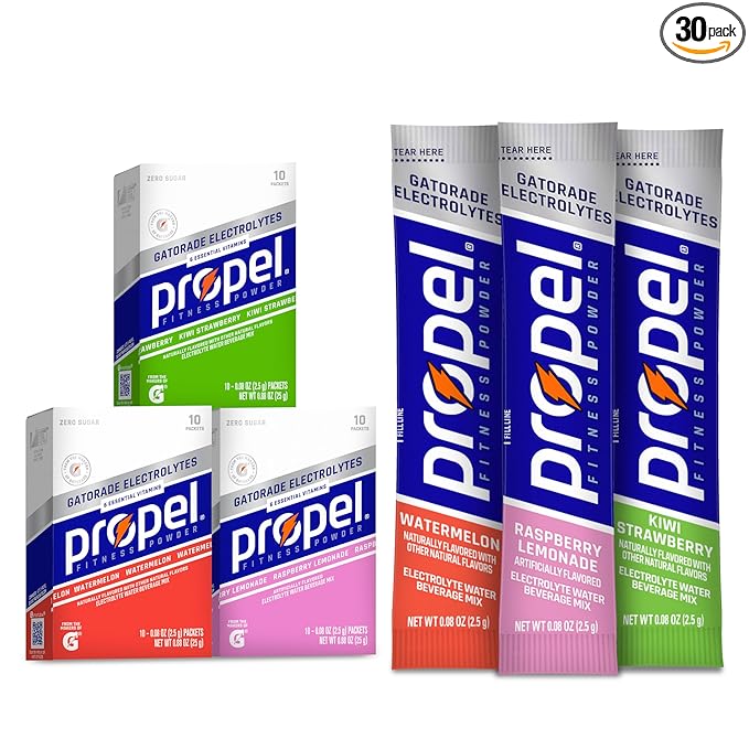 Propel Electrolyte Enhanced Water Drink Mix Powder Packets, Kiwi Strawberry Variety Pack, Zero Calorie & Zero Sugar Hydration with Electrolytes and Vitamins C & E (30 Packets)