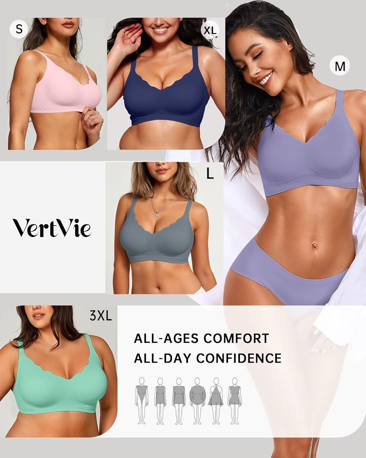 Vertvie Womens Seamless Bras No Underwire Supportive Wireless Push Up Full Coverage Bralette Comfort Scalloped T-Shirt Bra
