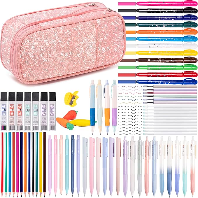 School Supplies Set for Teens Girls - Cute Pink Pencil Case, 10 Mechanical Pencils 0.5 0.7 2.0mm,12 Highlighters, 16 Pens, 452 Lead & Gel Refills Complete College Essentials, Drafting & Writing Kit