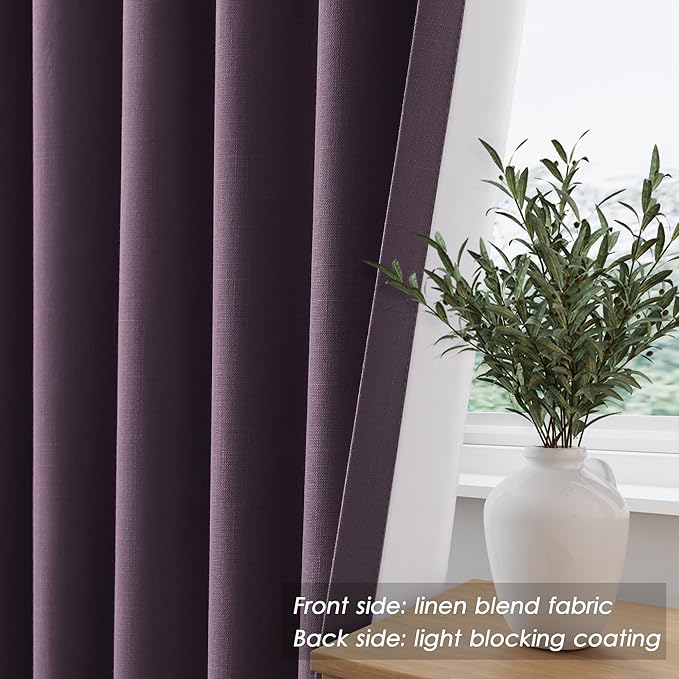 Nanspring Plum Linen Blackout Curtains 90 Inches Long Back Tab Rod Pocket Noise Reducing Sound Absorbing Light Blocking 2 Panels Set for Dining Room Modern Farmhouse Curtains Drapes 52x90